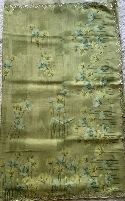 Semi Tussar Saree Parrot Green Colored Elegantly Paired with a Mirror Work Border. - Sampradaya Designer Studio