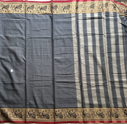 Narayanpet Cotton Saree Gray Colored Complemented with a Thread Border. - Sampradaya Designer Studio