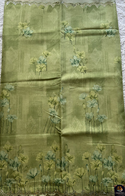 Semi Tussar Saree Parrot Green Colored Elegantly Paired with a Mirror Work Border. - Sampradaya Designer Studio