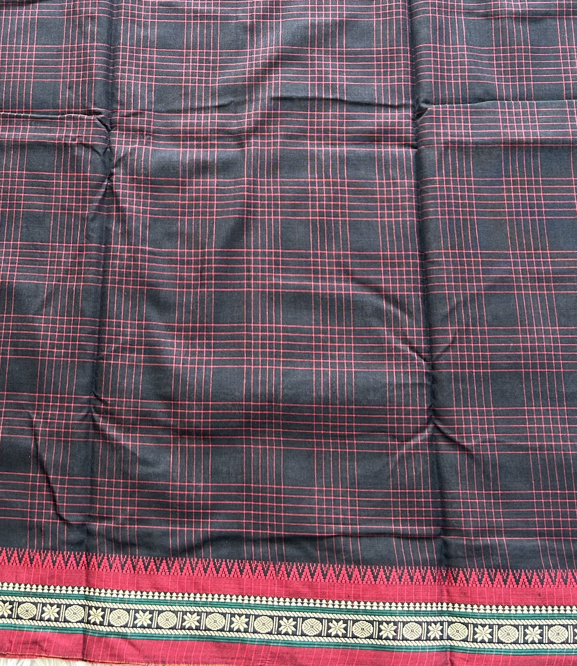 Narayanpet Cotton Checks Saree Jek Black Colored Complemented with a Thread Border. - Sampradaya Designer Studio