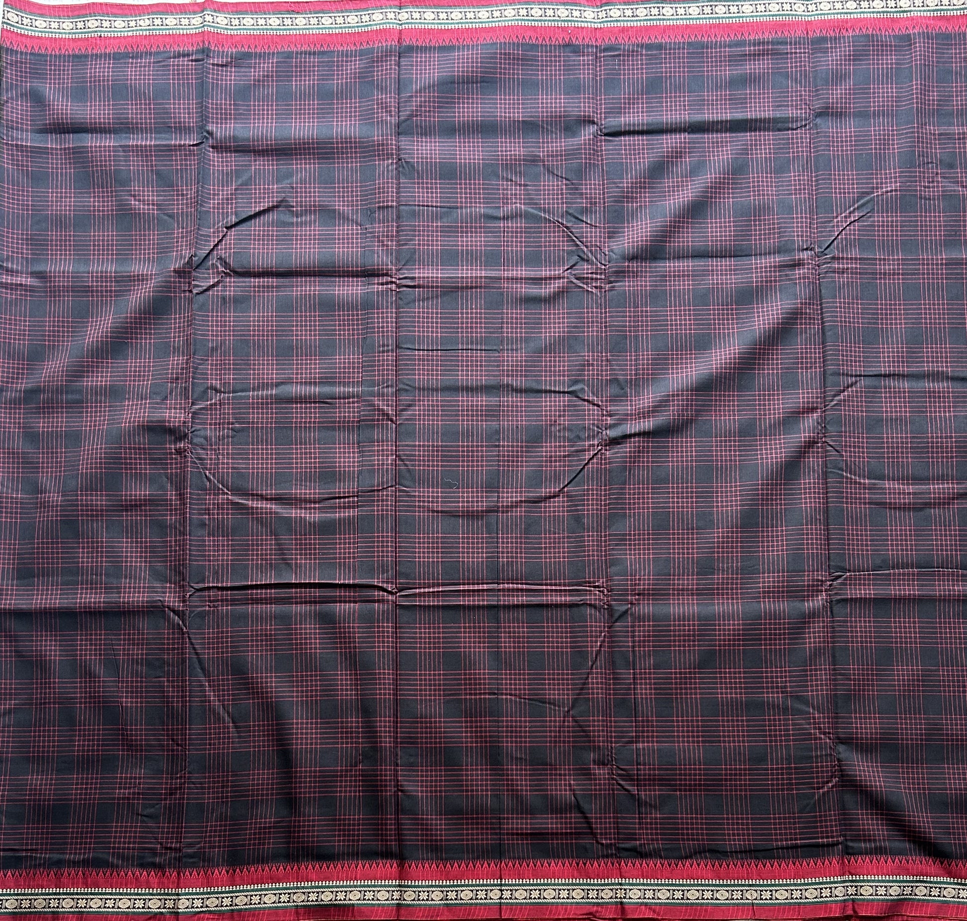 Narayanpet Cotton Checks Saree Jek Black Colored Complemented with a Thread Border. - Sampradaya Designer Studio