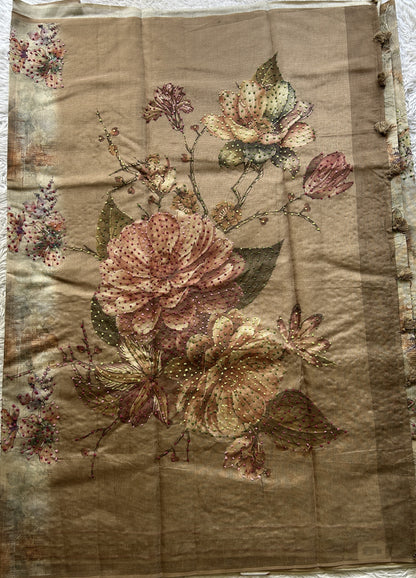Semi Tussar Saree Brown Colored Elegantly Paired with a Borderless. - Sampradaya Designer Studio