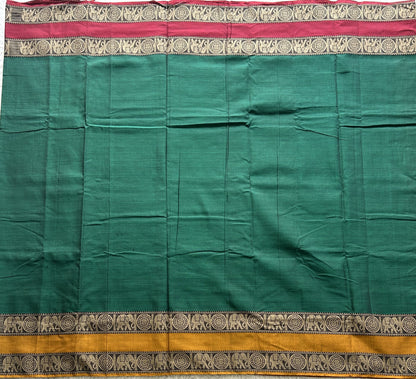 Narayanpet Cotton Saree Emerald Green Colored Complemented with a Thread Border. - Sampradaya Designer Studio