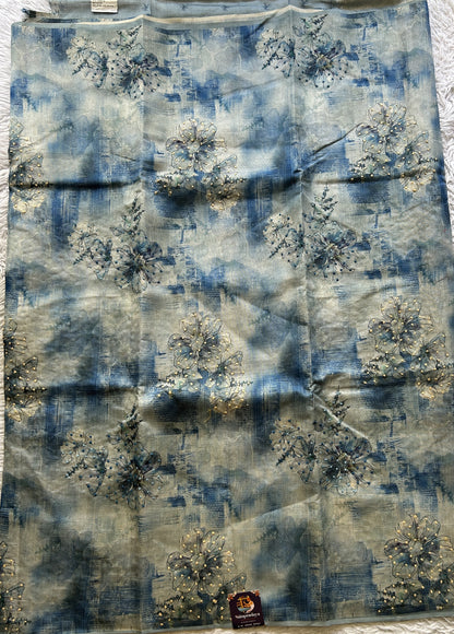 Semi Tussar Saree Sky Blue Colored Elegantly Paired with a Borderless. - Sampradaya Designer Studio