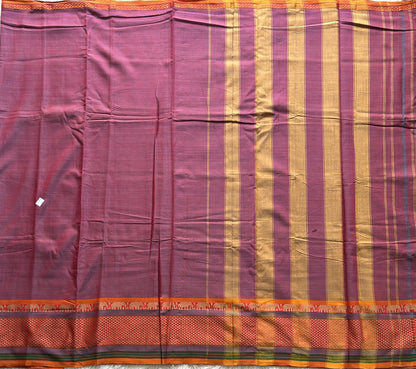 Narayanpet Cotton Saree Plum Colored Complemented with a Thread Border. - Sampradaya Designer Studio