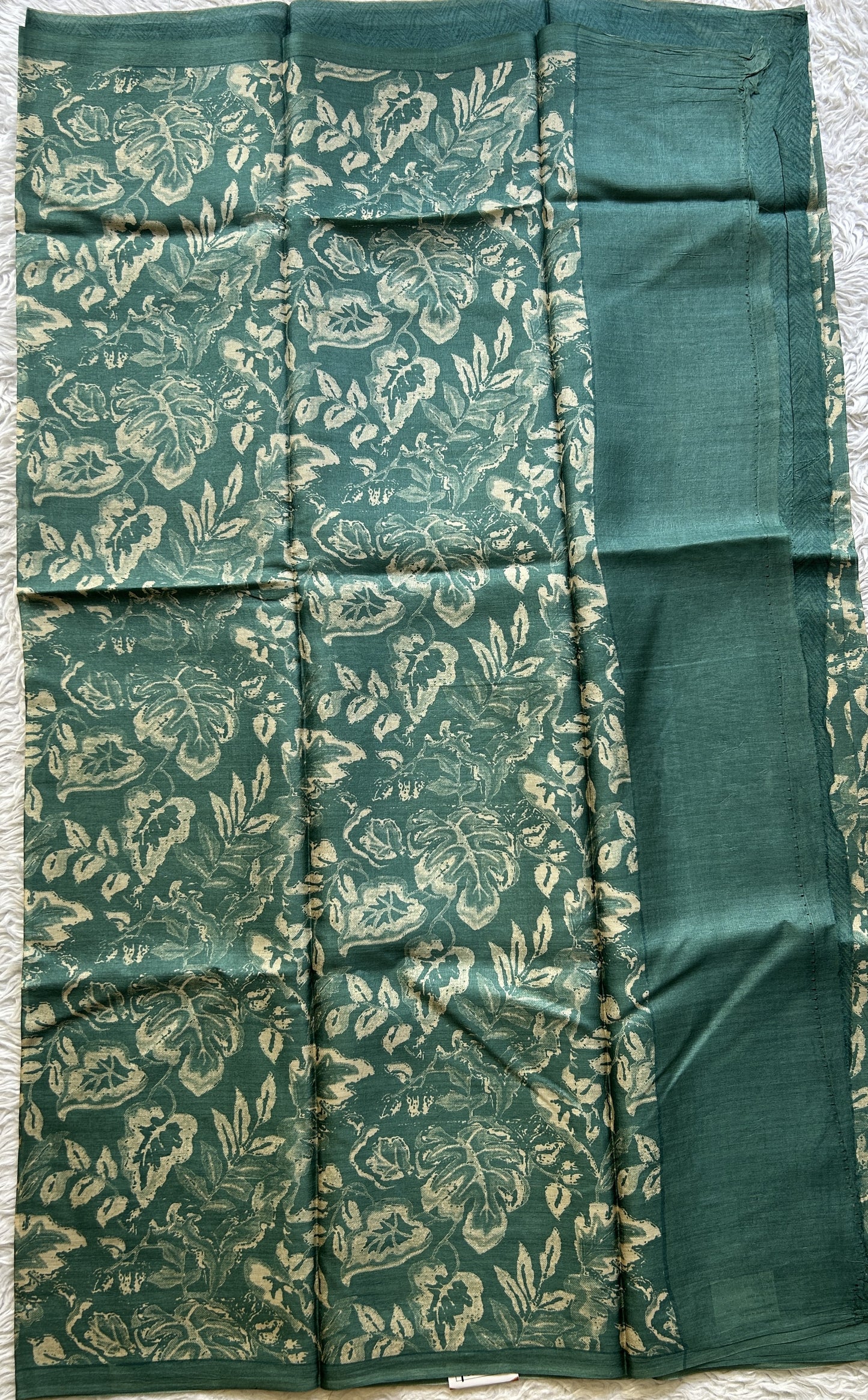 Pure Tussar Silk Saree Rama Green Color Complemented with a Borderless. - Sampradaya Designer Studio