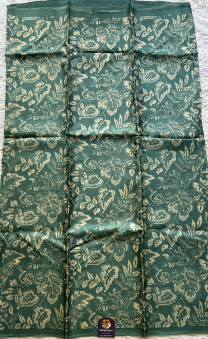 Pure Tussar Silk Saree Rama Green Color Complemented with a Borderless. - Sampradaya Designer Studio