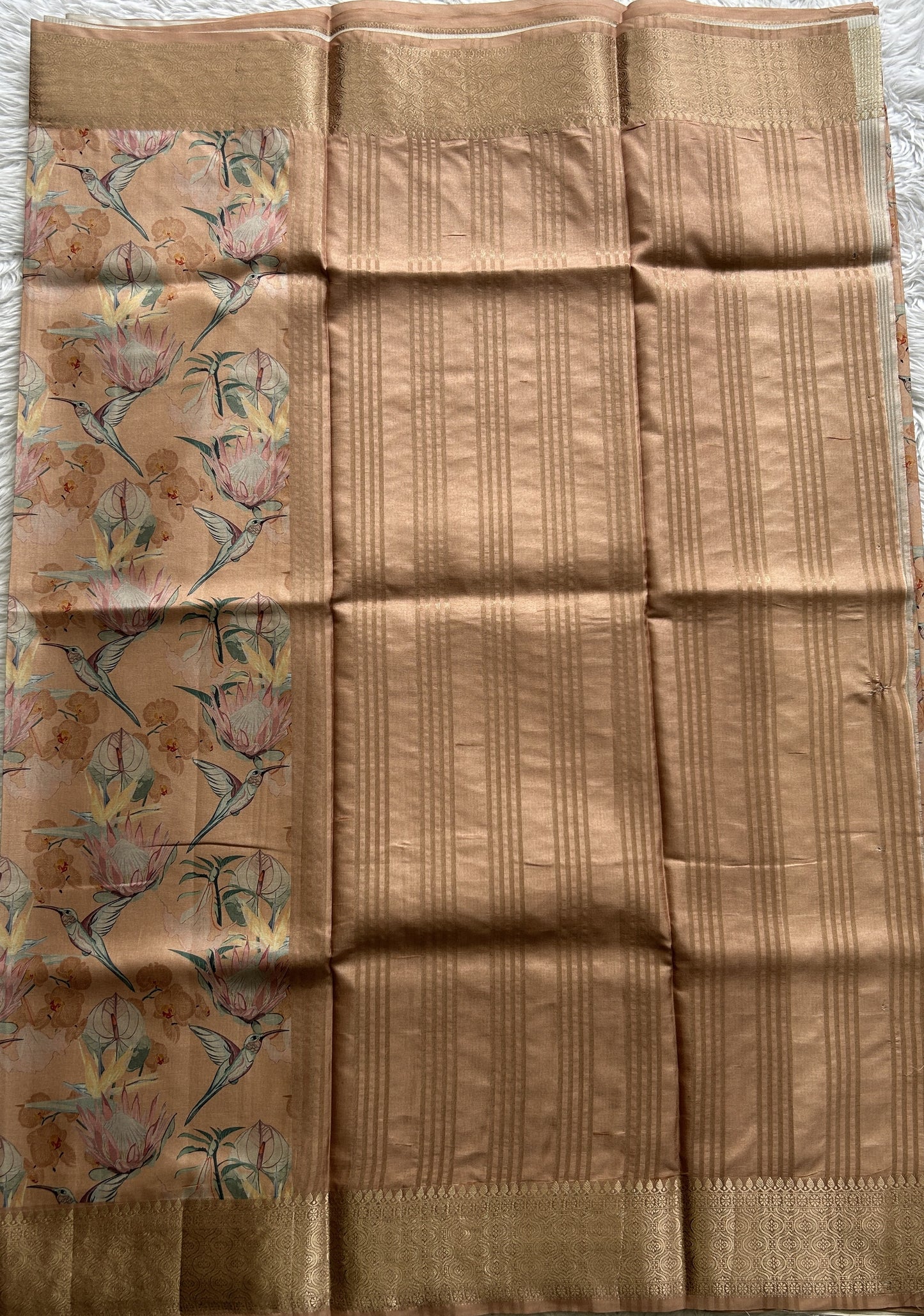 Banarasi Soft Silk Saree Light Orange Colored Complemented with a Zari Border. - Sampradaya Designer Studio