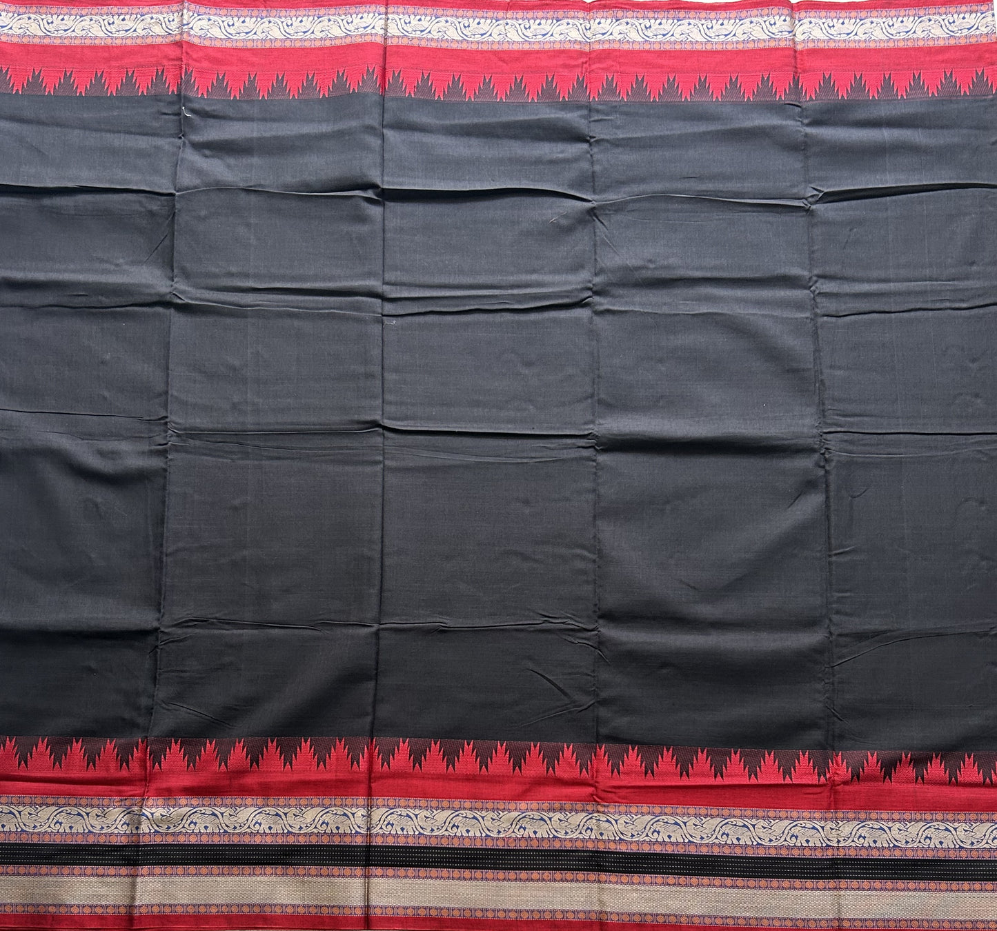 Narayanpet Cotton Saree Jade Black Colored Complemented with a Thread Border. - Sampradaya Designer Studio