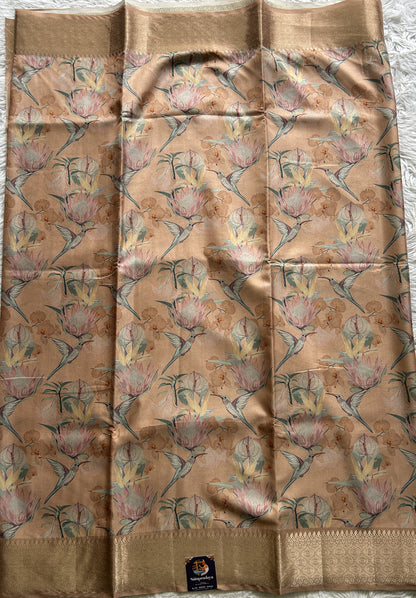 Banarasi Soft Silk Saree Light Orange Colored Complemented with a Zari Border. - Sampradaya Designer Studio