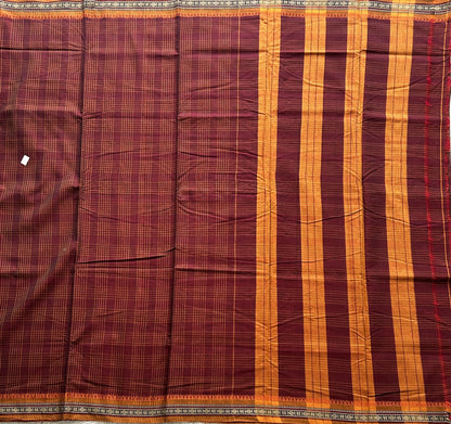 Narayanpet Cotton Checks Saree Maroon Colored Complemented with a Thread Border. - Sampradaya Designer Studio