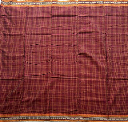 Narayanpet Cotton Checks Saree Maroon Colored Complemented with a Thread Border. - Sampradaya Designer Studio
