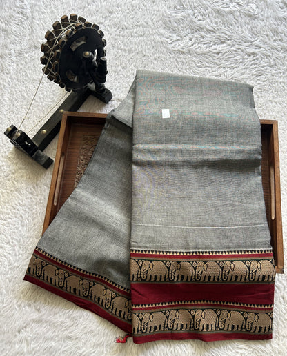 Narayanpet Cotton Saree Fossil Gray Colored Complemented with a Thread Border. - Sampradaya Designer Studio