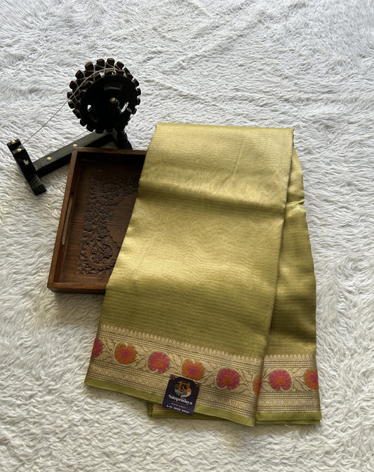 Tissue Organza Saree Neon Green Colored Complemented with a Minakari Border. - Sampradaya Designer Studio