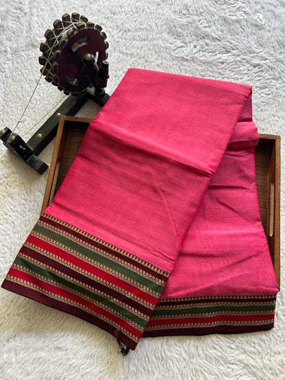 Narayanpet Cotton Saree Punch Pink Colored  Complemented with a Thread Border.