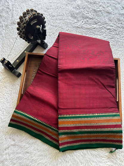 Narayanpet Cotton Saree Sangria Red Colored  Complemented with a Thread Border. - Sampradaya Designer Studio