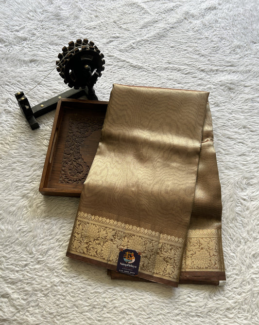 Tissue Organza Saree Chocolate Colored Complemented with a Zari Border. - Sampradaya Designer Studio