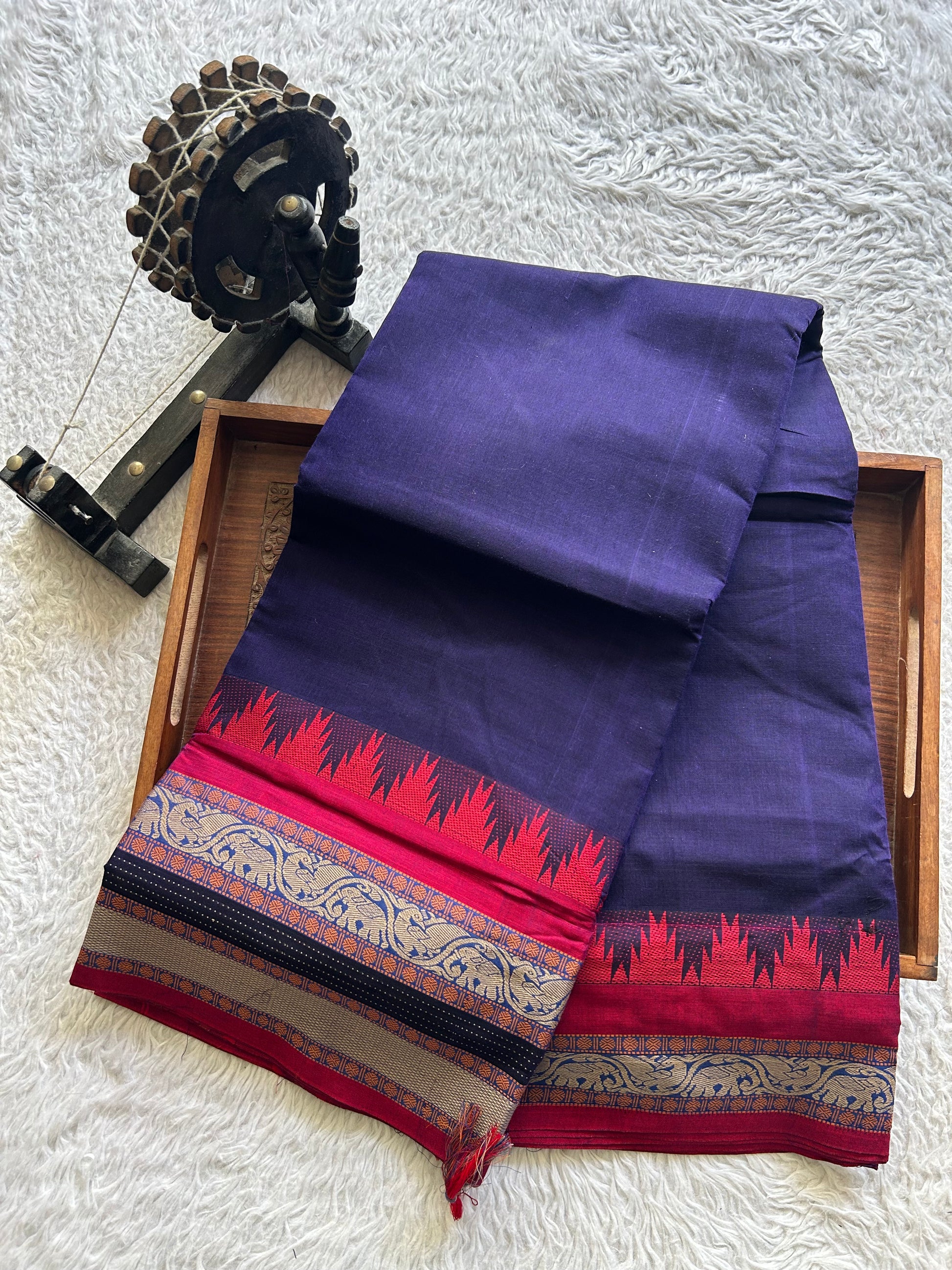 Narayanpet Cotton Saree Denim Blue Colored  Complemented with a Thread Border. - Sampradaya Designer Studio