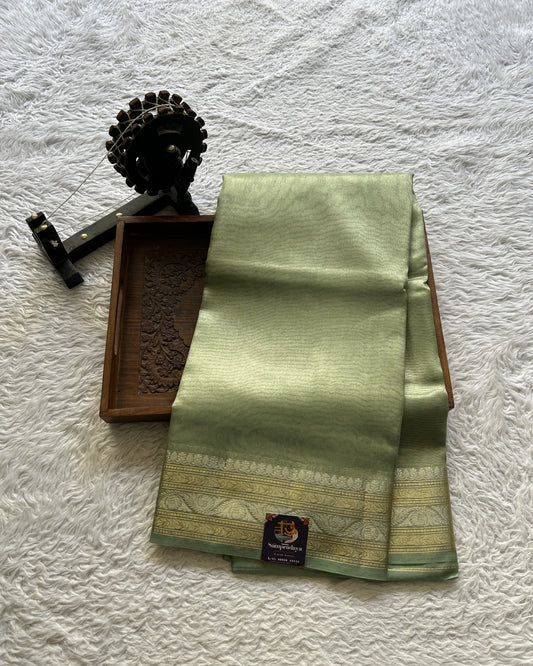 Tissue Organza Saree Pista Green Colored Complemented with a Zari Border. - Sampradaya Designer Studio