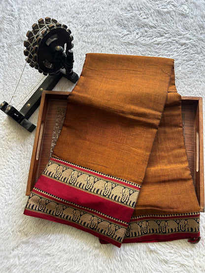 Narayanpet Cotton Saree Sepia Brown Colored  Complemented with a Thread Border. - Sampradaya Designer Studio