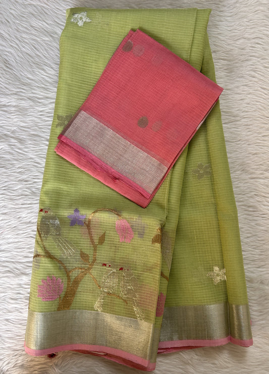 Zarikota saree Parrot Green colored Saree complemented with a Silver Zari border. - Sampradaya Designer Studio