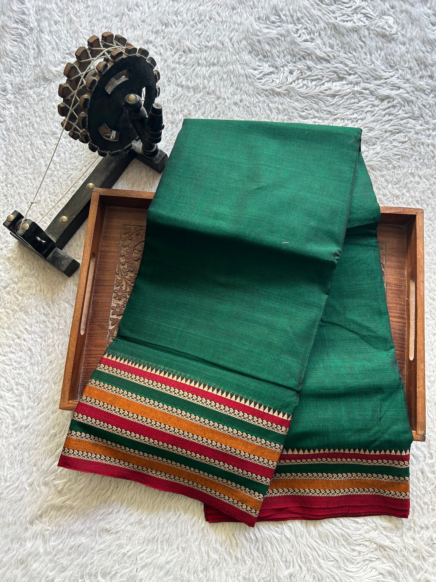 Narayanpet Cotton Saree Basil Green Colored Complemented with a Thread Border. - Sampradaya Designer Studio