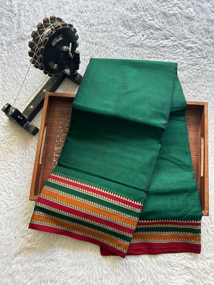 Narayanpet Cotton Saree Basil Green Colored Complemented with a Thread Border. - Sampradaya Designer Studio