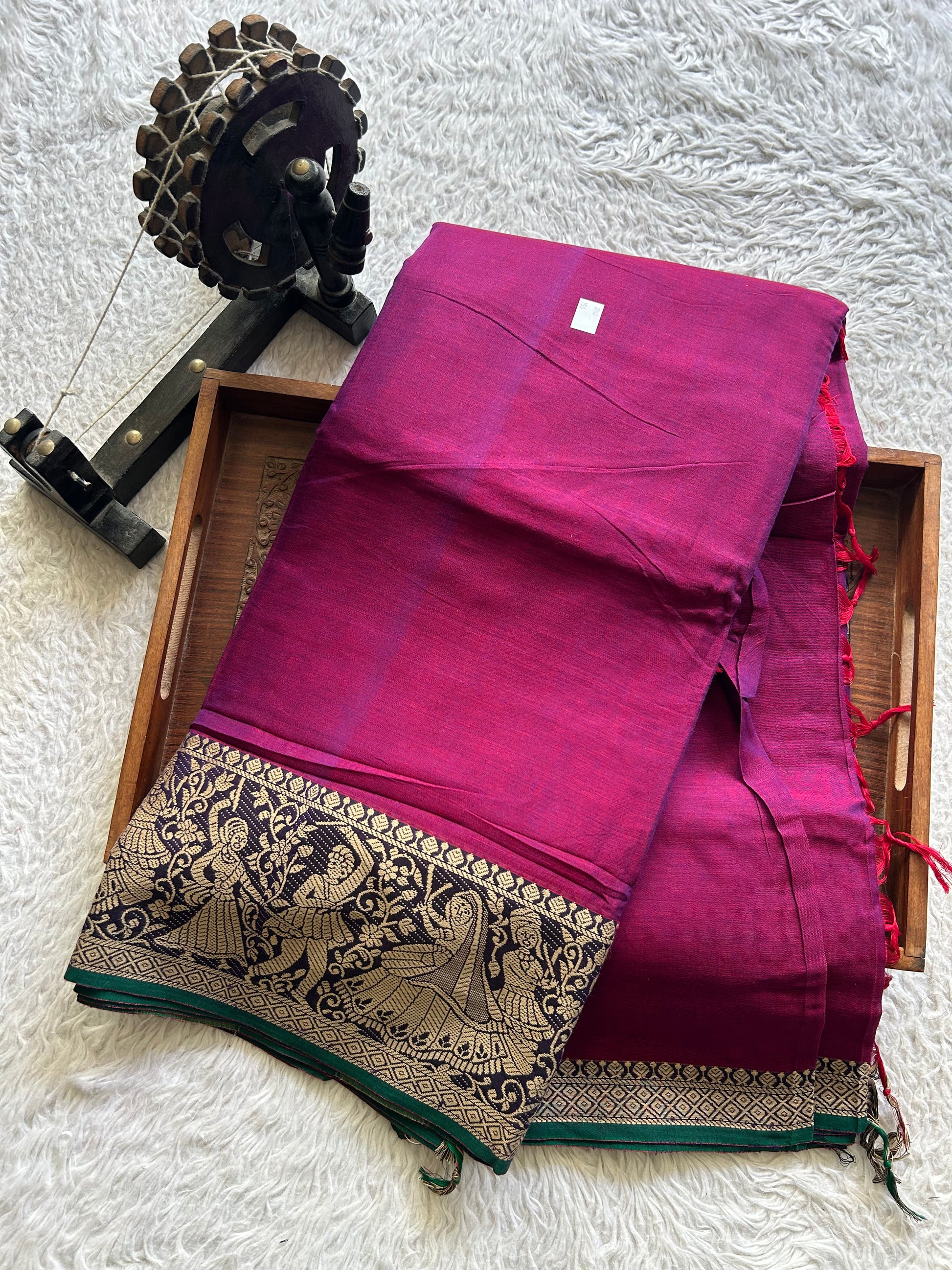 Narayanpet Cotton Saree Mulberry Colored  Complemented with a Thread Border. - Sampradaya Designer Studio