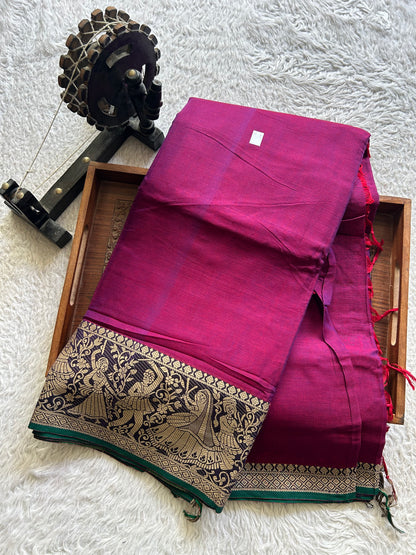 Narayanpet Cotton Saree Mulberry Colored  Complemented with a Thread Border. - Sampradaya Designer Studio