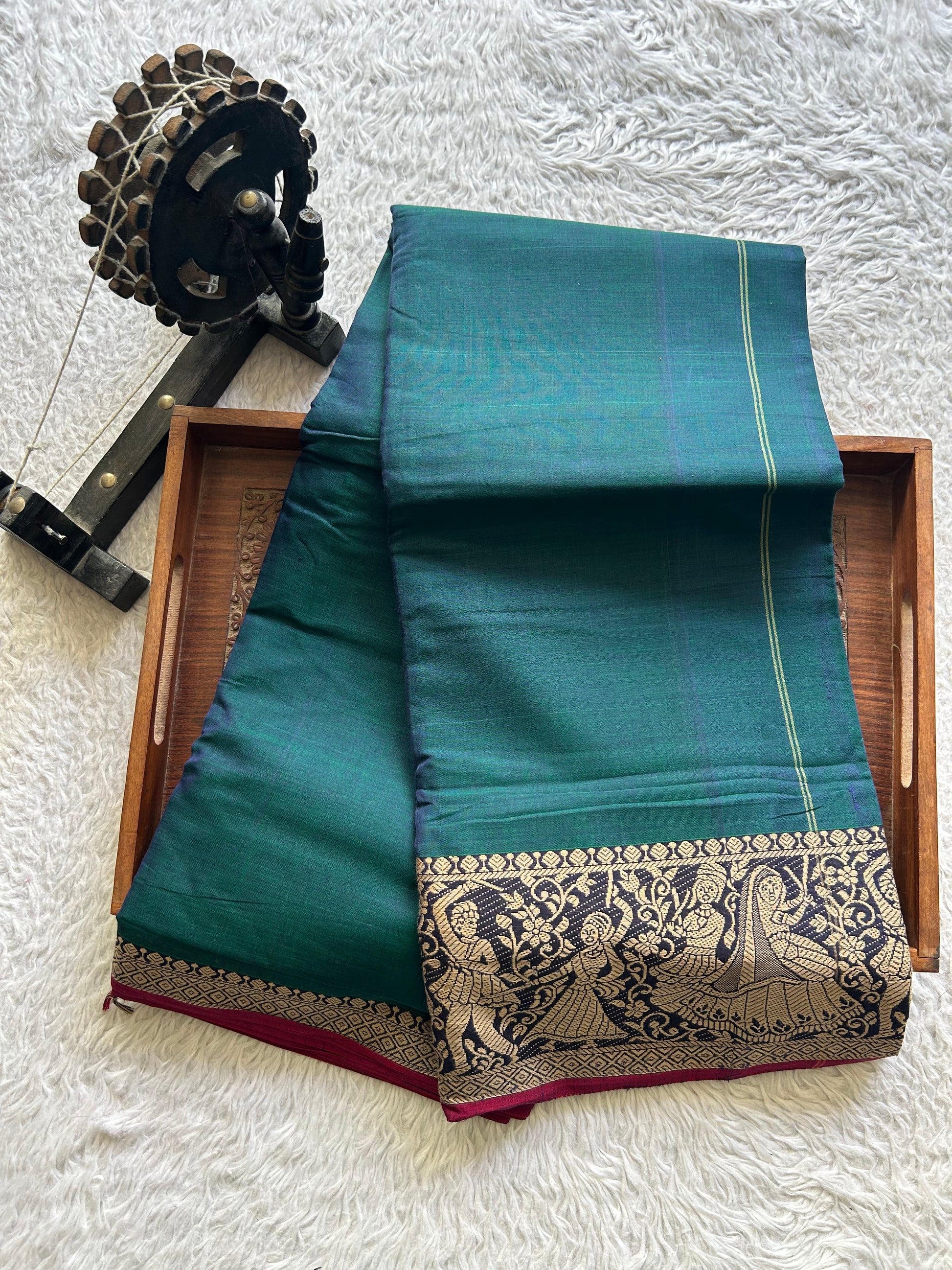 Narayanpet Cotton Saree Dark Pine Colored Complemented with a Thread Border. - Sampradaya Designer Studio