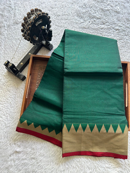 Narayanpet Cotton Saree Dark Paine Green Colored Complemented with a Thread Border. - Sampradaya Designer Studio