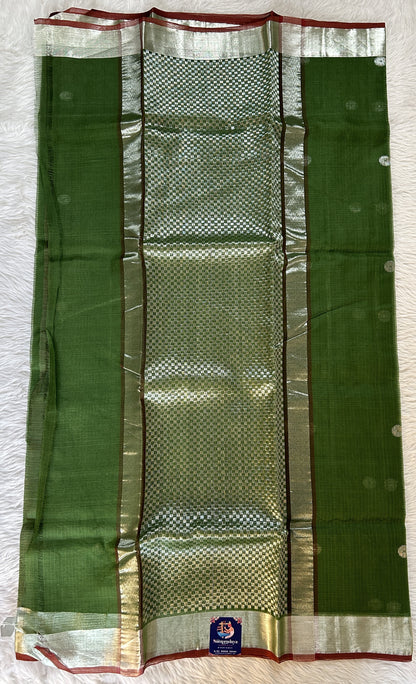 Zarikota saree Mustard Green colored Saree complemented with a Silver Zari border. - Sampradaya Designer Studio