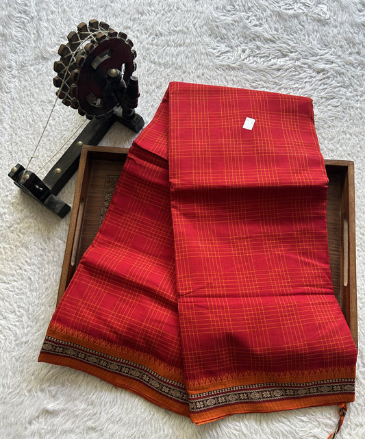 Narayanpet Cotton Checks Saree Imperial Red Colored Complemented with a Thread Border.