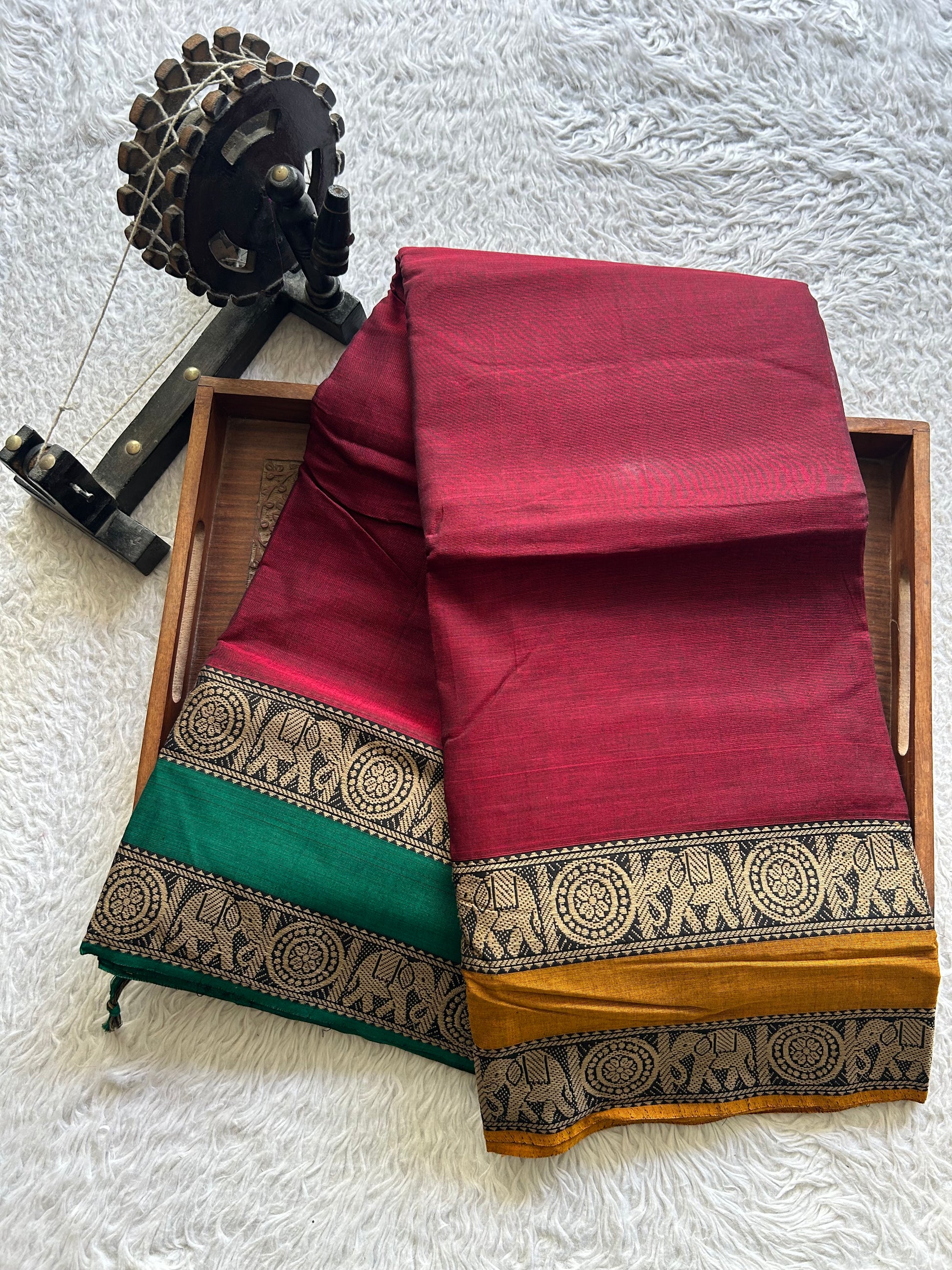 Narayanpet Cotton Saree  Light Sangria Maroon Colored  Complemented with a Thread Border. - Sampradaya Designer Studio
