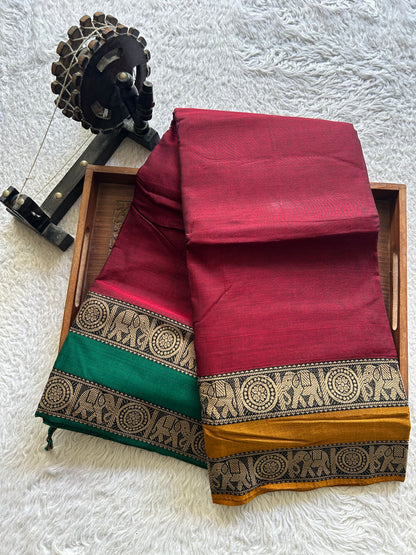 Narayanpet Cotton Saree  Light Sangria Maroon Colored  Complemented with a Thread Border. - Sampradaya Designer Studio