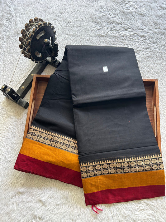 Narayanpet Cotton Saree Midnight Black Colored  Complemented with a Thread Border.