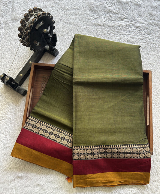Narayanpet Cotton Saree Army Green Colored Complemented with a Thread Border.