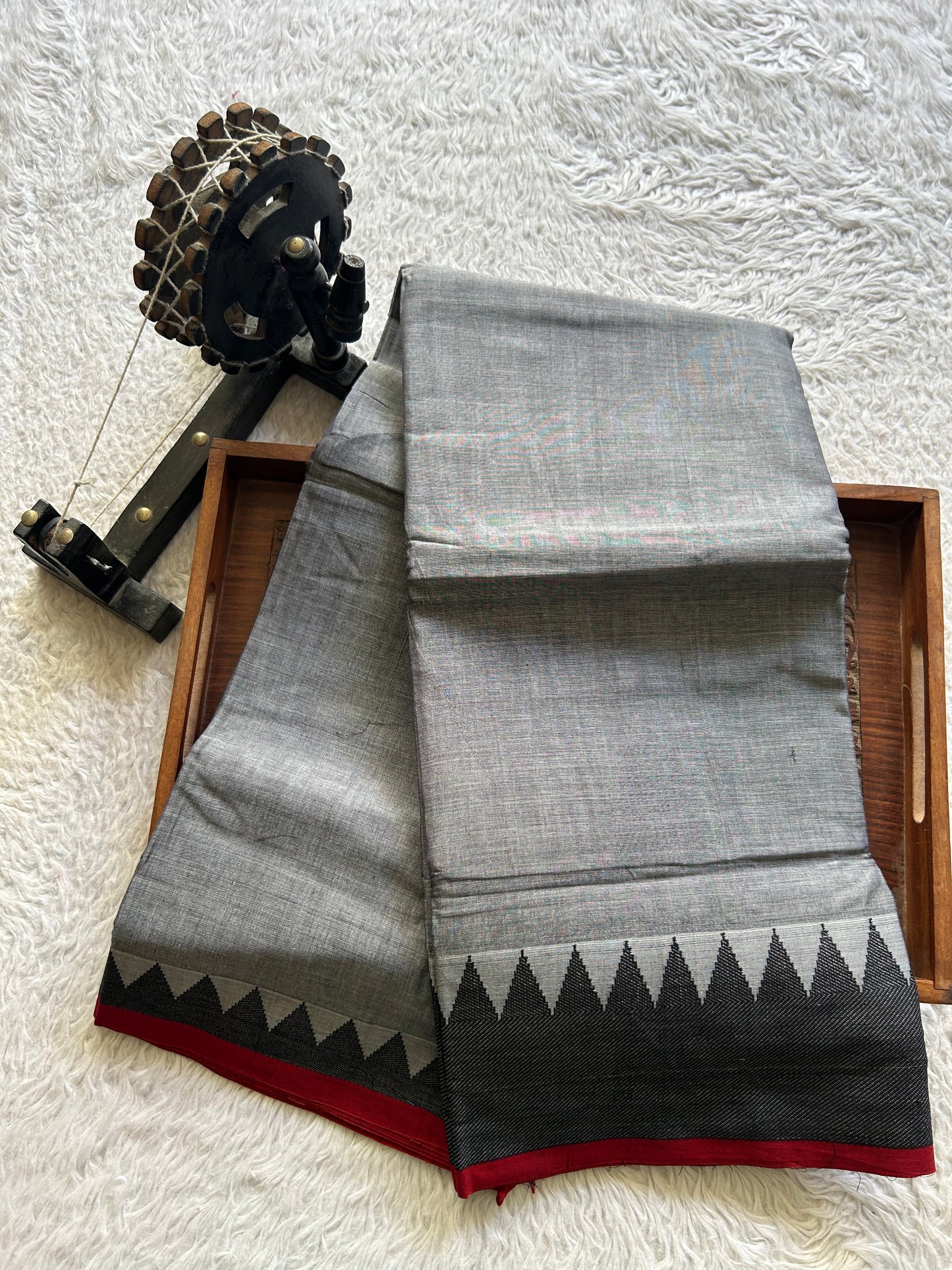 Narayanpet Cotton Saree Lava Gray Colored Complemented with a Thread Border. - Sampradaya Designer Studio