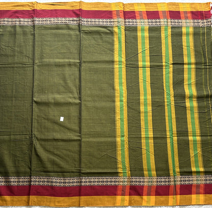 Narayanpet Cotton Saree Army Green Colored Complemented with a Thread Border. - Sampradaya Designer Studio