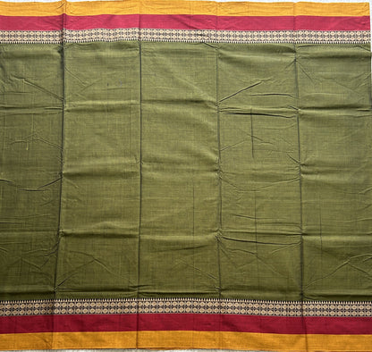 Narayanpet Cotton Saree Army Green Colored Complemented with a Thread Border. - Sampradaya Designer Studio