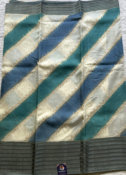 Semi Georgette Leheriya Saree Teal Blue Colored Complemented with a Zari Border. - Sampradaya Designer Studio