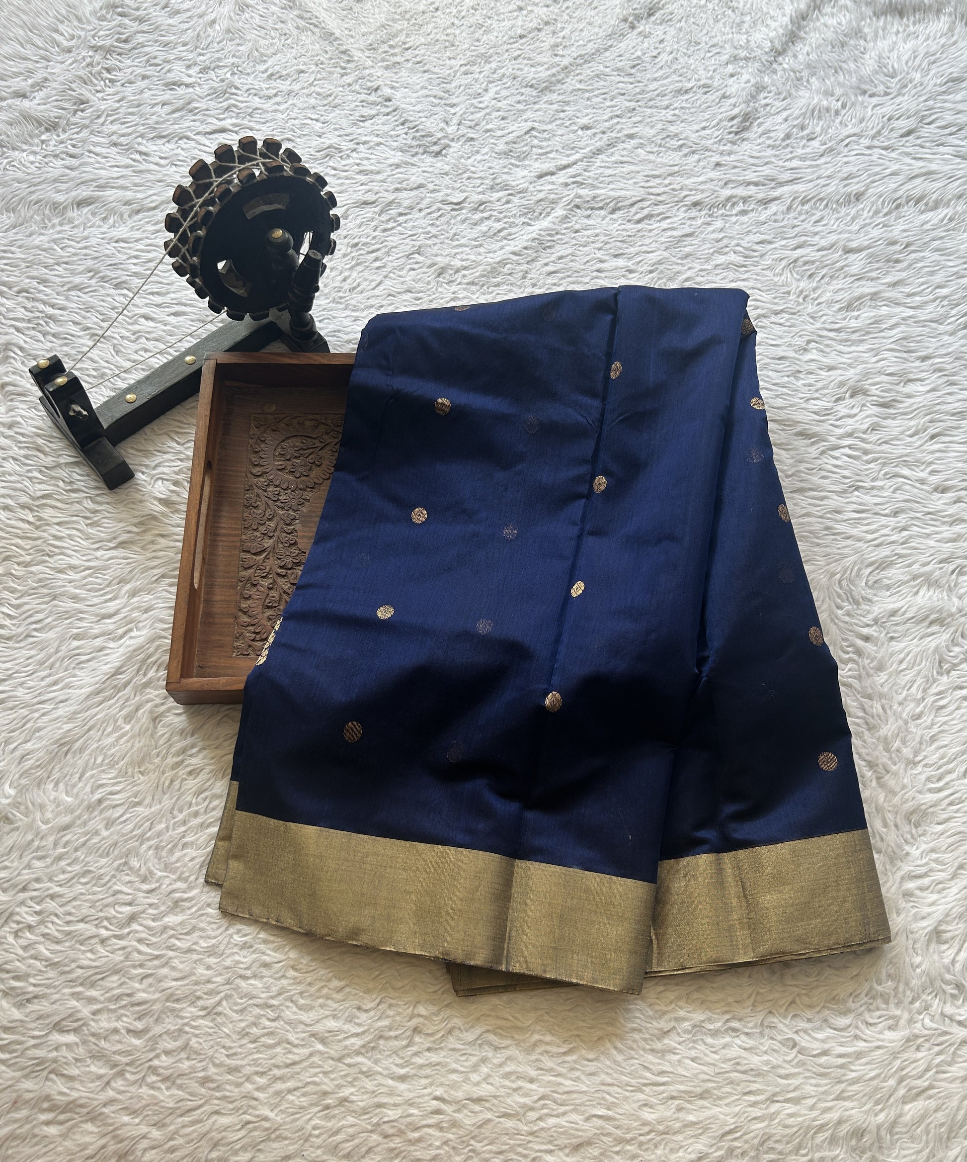 Chanderi Sico Saree Navy Blue Colored Complemented with a Zari Border. - Sampradaya Designer Studio