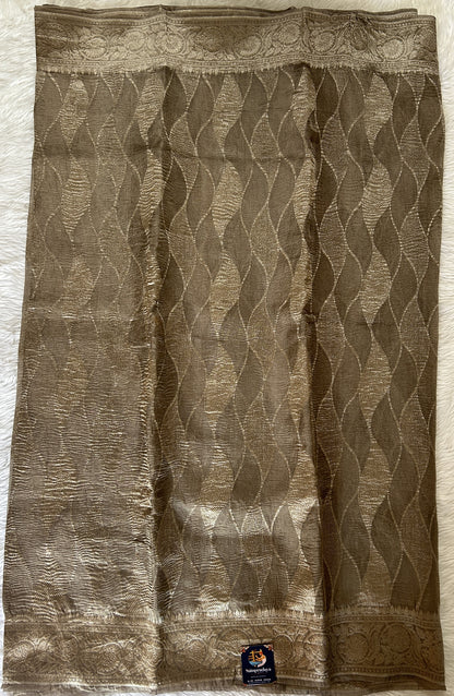 Banarasi Crushed Silk Saree Brownish Gray colored Saree complemented with a Silver Zari border. - Sampradaya Designer Studio