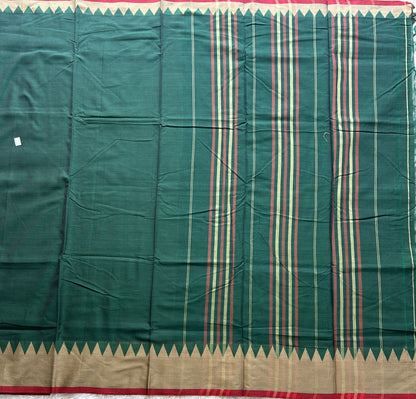 Narayanpet Cotton Saree Dark Paine Green Colored Complemented with a Thread Border. - Sampradaya Designer Studio
