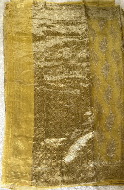 Banarasi Crushed Silk Saree Pastel Yellow colored Saree complemented with a Zari border. - Sampradaya Designer Studio