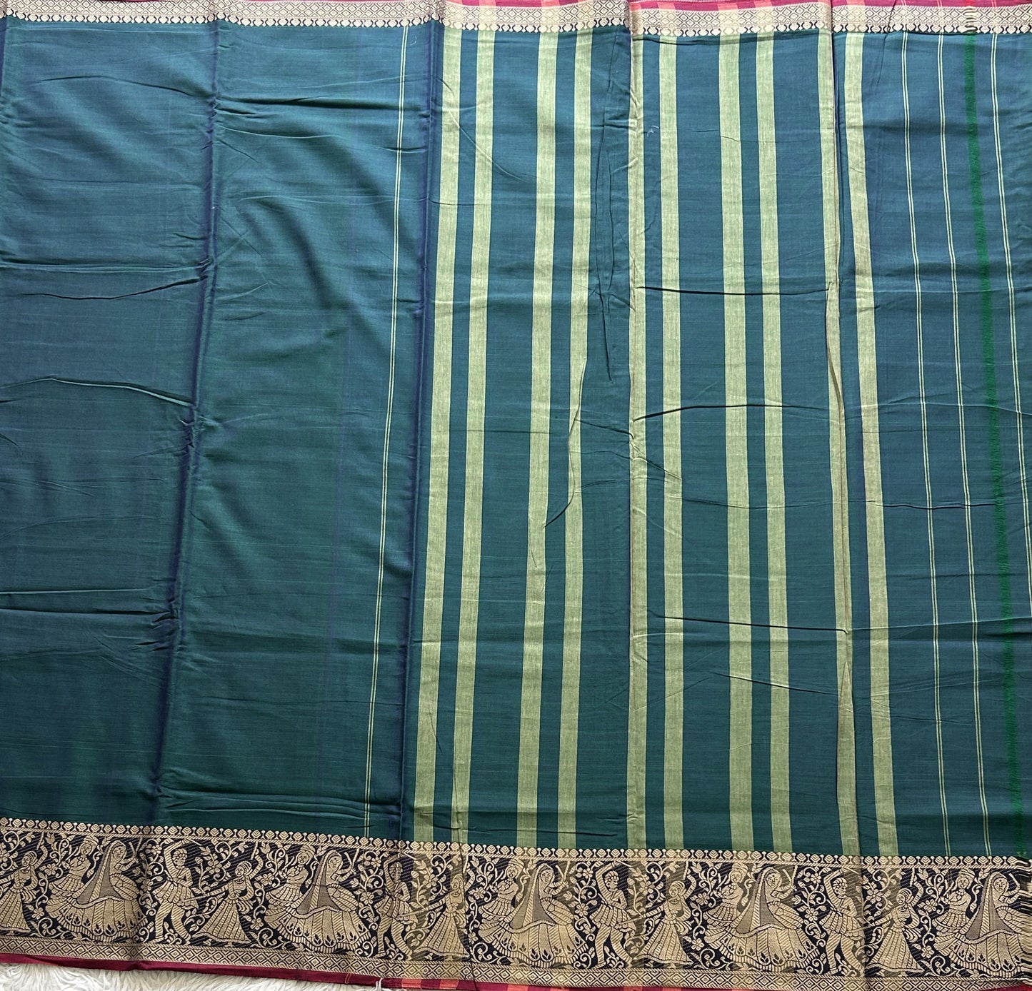 Narayanpet Cotton Saree Dark Pine Colored Complemented with a Thread Border. - Sampradaya Designer Studio