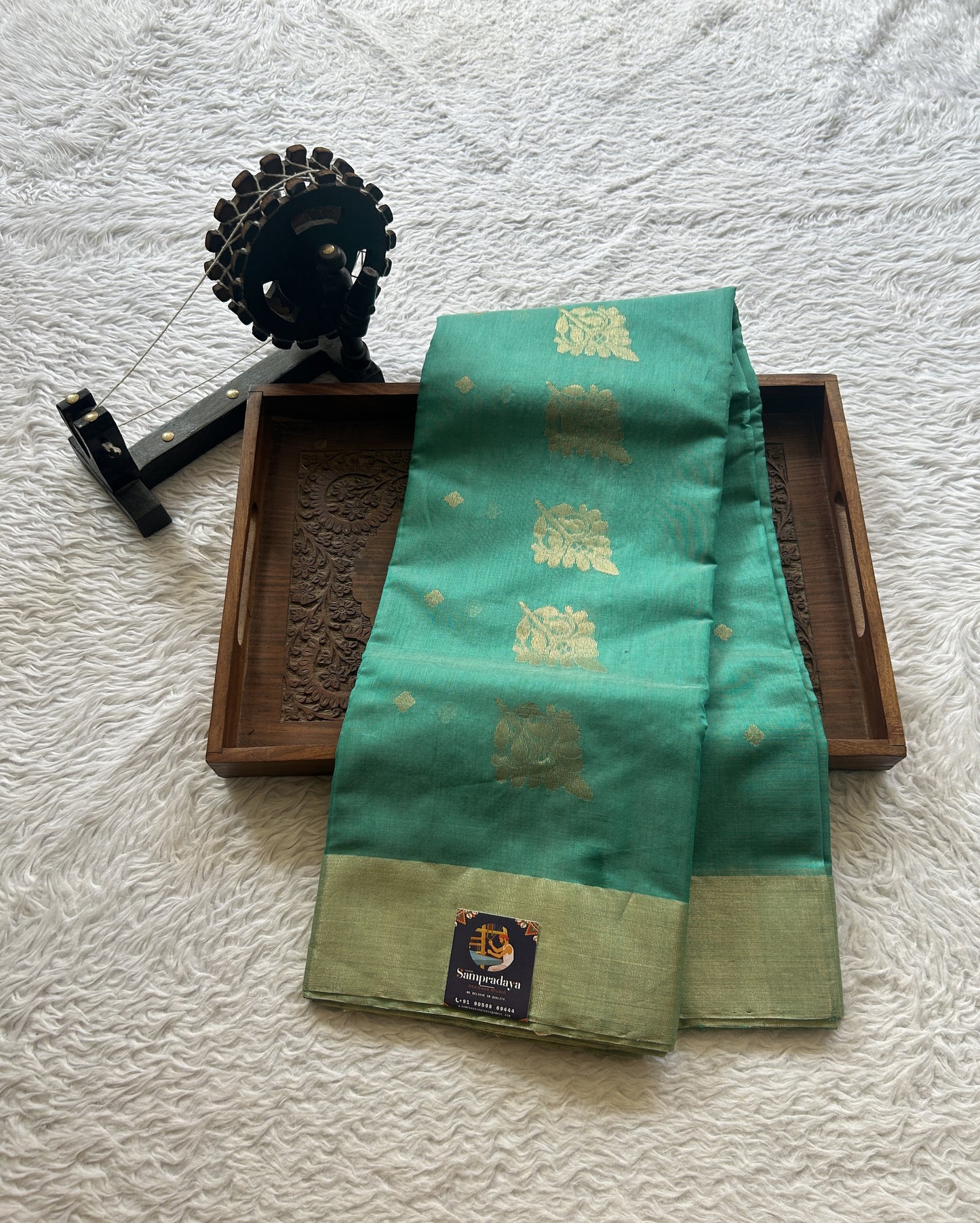 Chanderi Sico Saree Greenish Turquoise Colored Complemented with a Zari Border. - Sampradaya Designer Studio