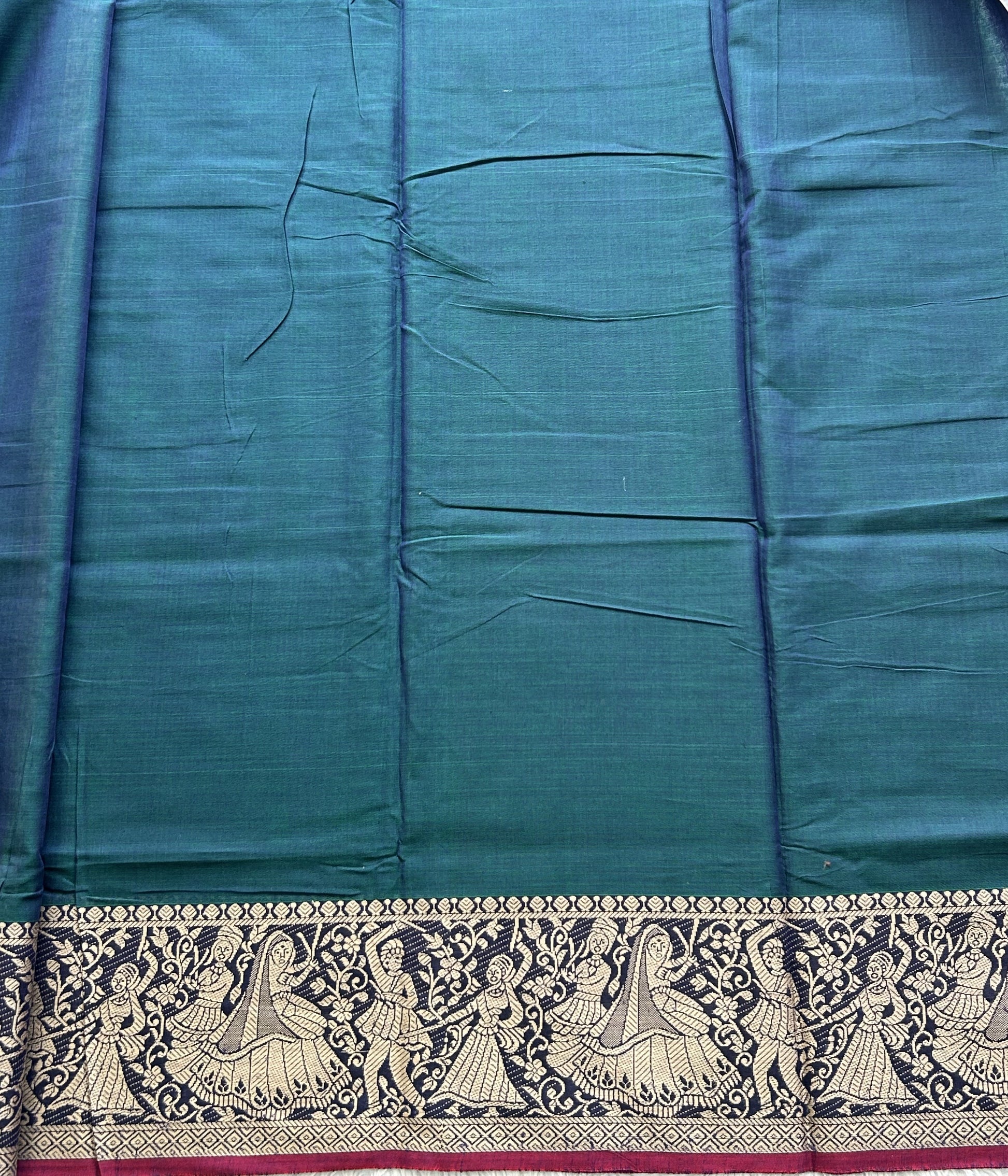 Narayanpet Cotton Saree Dark Pine Colored Complemented with a Thread Border. - Sampradaya Designer Studio