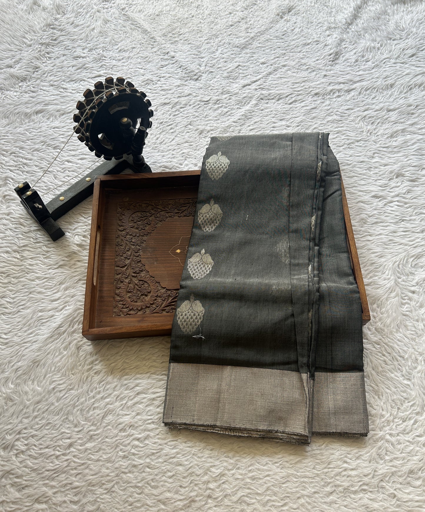 Chanderi Sico Saree Gray Colored Complemented with a Zari Border. - Sampradaya Designer Studio
