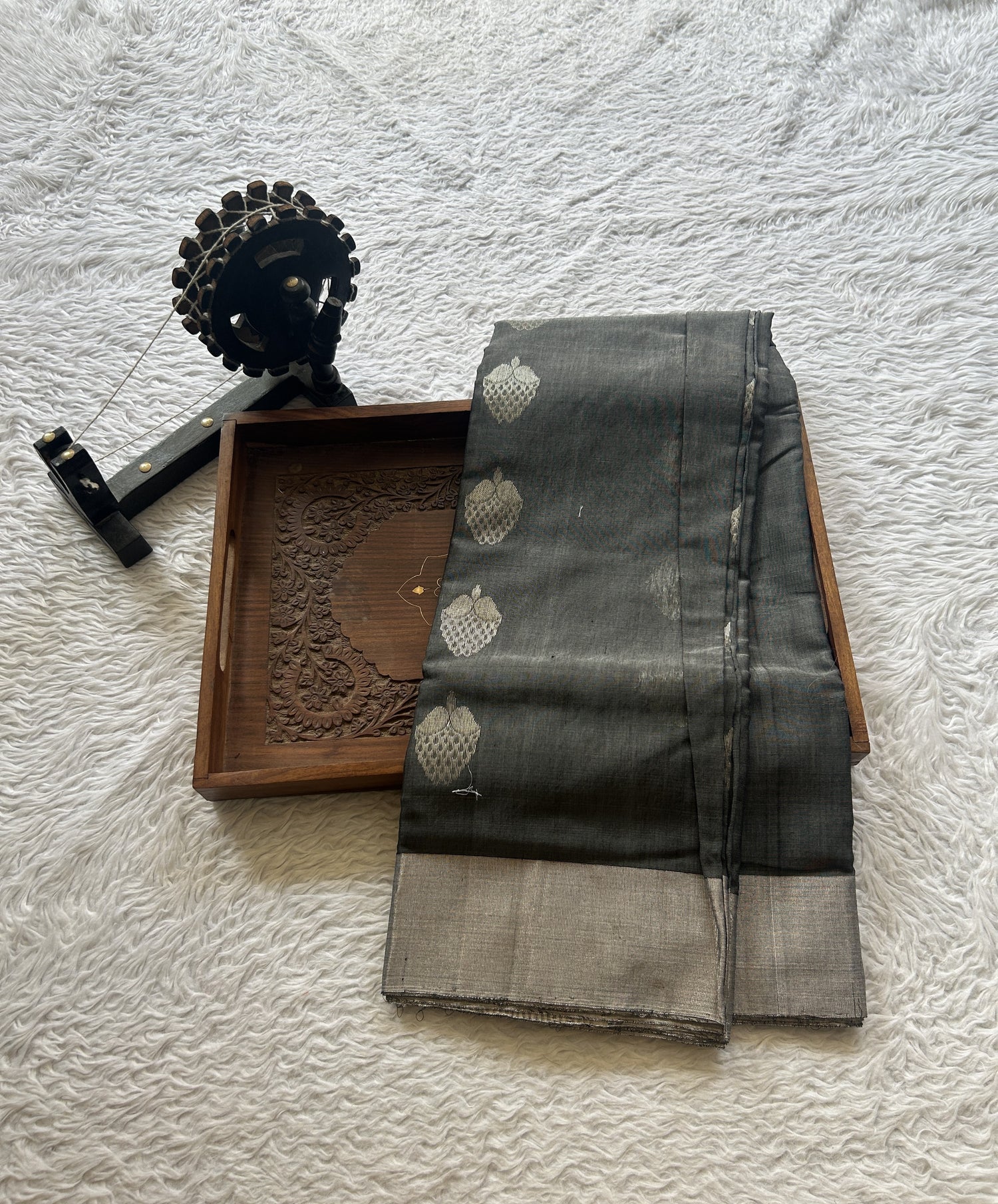Chanderi Sico Saree Gray Colored Complemented with a Zari Border. - Sampradaya Designer Studio